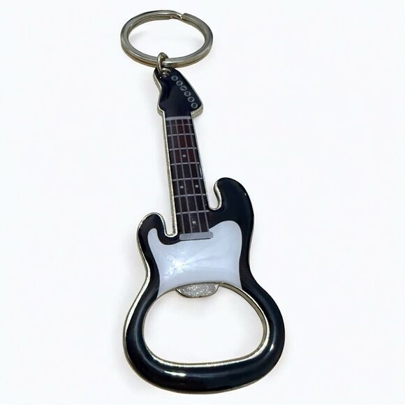 Electric Guitar Keychain Bottle Opener – Rock Music Lover Gift in Black & Silver - Picture 1 of 14